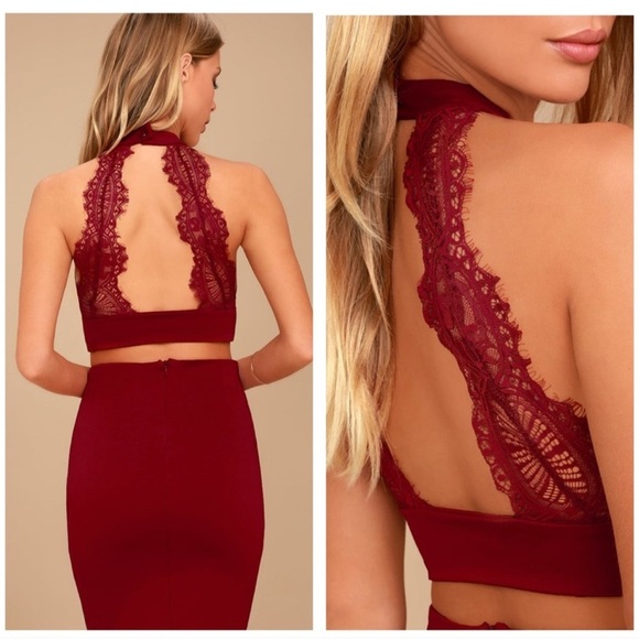 Lulus Burgundy Halter Back Lace Top - Picture 1 of 6